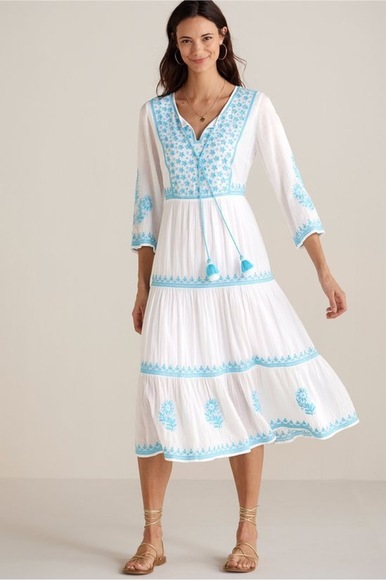 Soft Surroundings Dresses & Skirts - Soft Surroundings White with Blue Embroidered Juniper Dress S:Medium